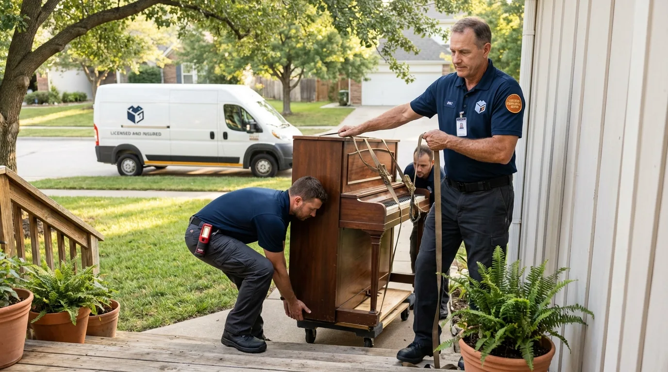 Licensed piano movers securing grand piano in Chattanooga, TN